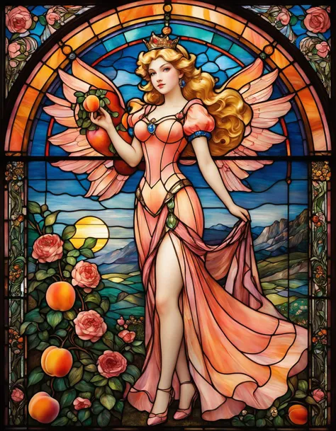 Stained glass style sexy ((Princess peach)) as ((stained glass)), wearing long flowing dress decorated with peaches and wild flowers, <lora:add-detail-xl:2> , <lora:betmd2-step00000250:0.4> betmd, Clovers, roses, flowers, colorful, wings, levanders, ,<lora:Louis Comfort Tiffany Style:0.4> Louis Comfort Tiffany Style page, (peaches), (Art Nouveau), (by Gustav Klimt), (by Egon Schiele), (by Oskar Kokoschka), (by Alphonse Mucha), (epic composition:1.4), (talent:1.2), ultra detailed, highly detailed, insanely detailed, , exquisite, sharp, elegant, ambient lighting,, high quality . Vibrant, beautiful, translucent, intricate, detailed