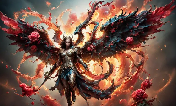 hyper realistic,full bodyshot of an majestic winged human demon,epic,masterpiece,<lora:betmd:0.9>,betmd,fantasy,roses,armor,greatsword,magical