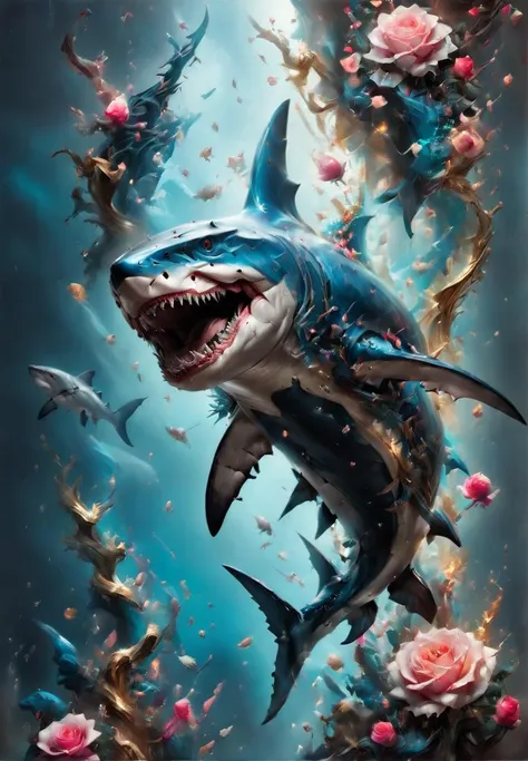 ((masterpiece)), (best quality), official art, ultra detailed,shark,full body ,flowers,magical,fantasy,roses,levanders,clovers <lora:betmd2-step00000200:1.1> betmd,dark blue,gold,pink,realistic, <lora:darkfantasystyle-step00000300:1>,drkfntasy