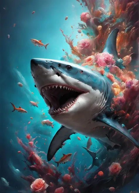 ((masterpiece)), (best quality), official art, ultra detailed,shark,full body <lora:betmd:1.1>,in the style of betmd,magical,fantasy,roses