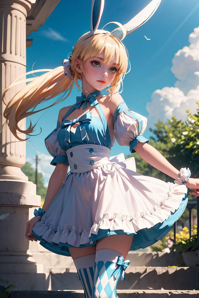 (masterpiece, best quality), 1girl, <lora:ArtoriaCasterSwimsuitSecondAscension:0.8> dress, frills, twintails, ahoge, rabbit ears, striped, thighhighs, mismatched legwear, short sleeves, detached sleeves, puffy sleeves, apron, bow, wrist cuffs, white footwear