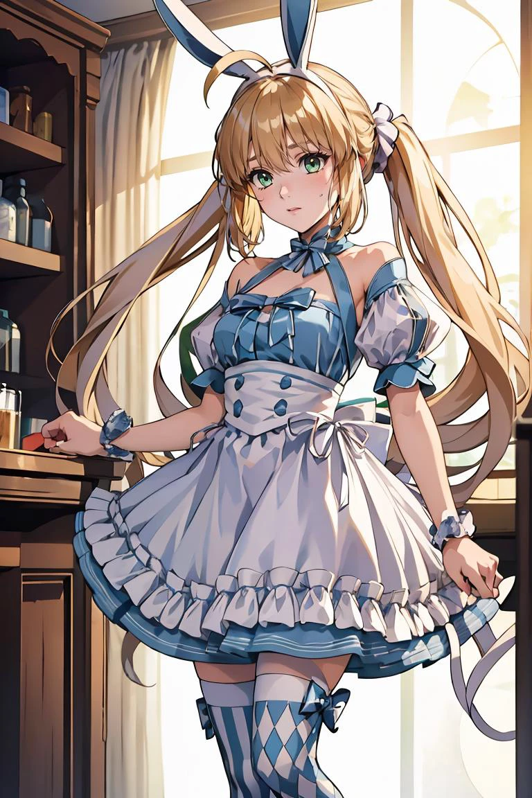 (masterpiece, best quality), 1girl, <lora:ArtoriaCasterSwimsuitSecondAscension:0.8> dress, frills, twintails, ahoge, rabbit ears, striped, thighhighs, mismatched legwear, short sleeves, detached sleeves, puffy sleeves, apron, bow, wrist cuffs, white footwear