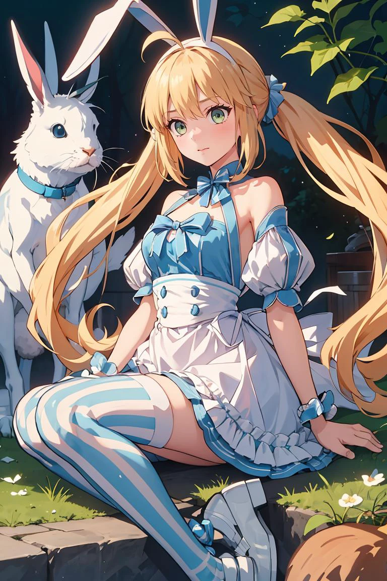(masterpiece, best quality), 1girl, <lora:ArtoriaCasterSwimsuitSecondAscension:0.8> dress, frills, twintails, ahoge, rabbit ears, striped, thighhighs, mismatched legwear, short sleeves, detached sleeves, puffy sleeves, apron, bow, wrist cuffs, white footwear