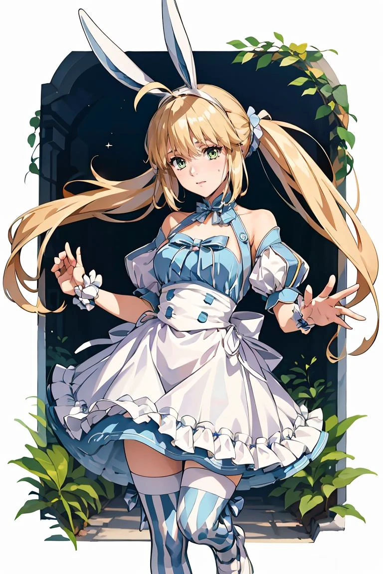 (masterpiece, best quality), 1girl, <lora:ArtoriaCasterSwimsuitSecondAscension:0.8> dress, frills, twintails, ahoge, rabbit ears, striped, thighhighs, mismatched legwear, short sleeves, detached sleeves, puffy sleeves, apron, bow, wrist cuffs, white footwear
