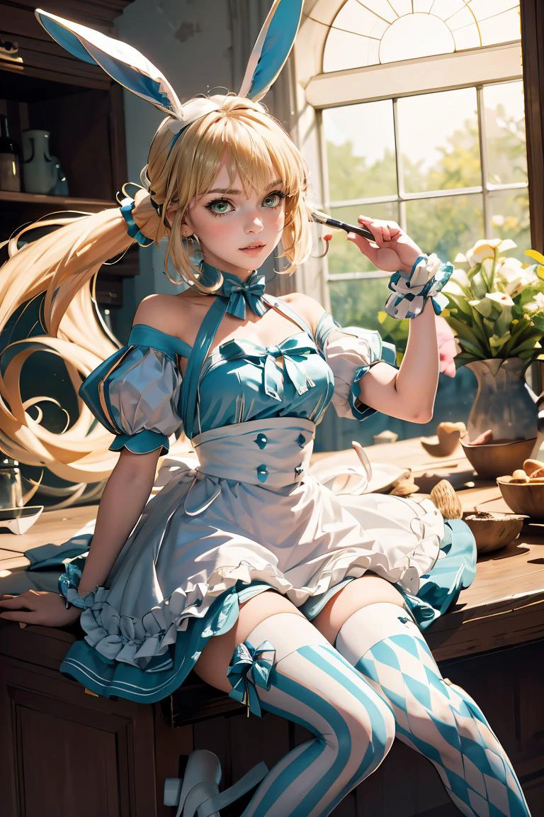 (masterpiece, best quality), 1girl, <lora:ArtoriaCasterSwimsuitSecondAscension:0.8> dress, frills, twintails, ahoge, rabbit ears, striped, thighhighs, mismatched legwear, short sleeves, detached sleeves, puffy sleeves, apron, bow, wrist cuffs, white footwear