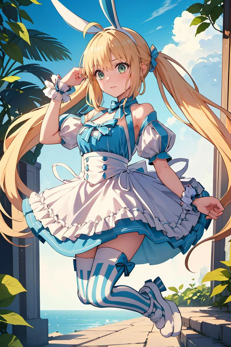 (masterpiece, best quality), 1girl, <lora:ArtoriaCasterSwimsuitSecondAscension:0.8> dress, frills, twintails, ahoge, rabbit ears, striped, thighhighs, mismatched legwear, short sleeves, detached sleeves, puffy sleeves, apron, bow, wrist cuffs, white footwear