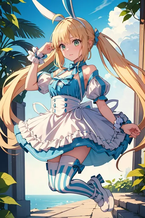 (masterpiece, best quality), 1girl,  <lora:ArtoriaCasterSwimsuitSecondAscension:0.8> dress, frills, twintails, ahoge, rabbit ears, striped, thighhighs, mismatched legwear, short sleeves, detached sleeves, puffy sleeves, apron, bow, wrist cuffs, white footwear