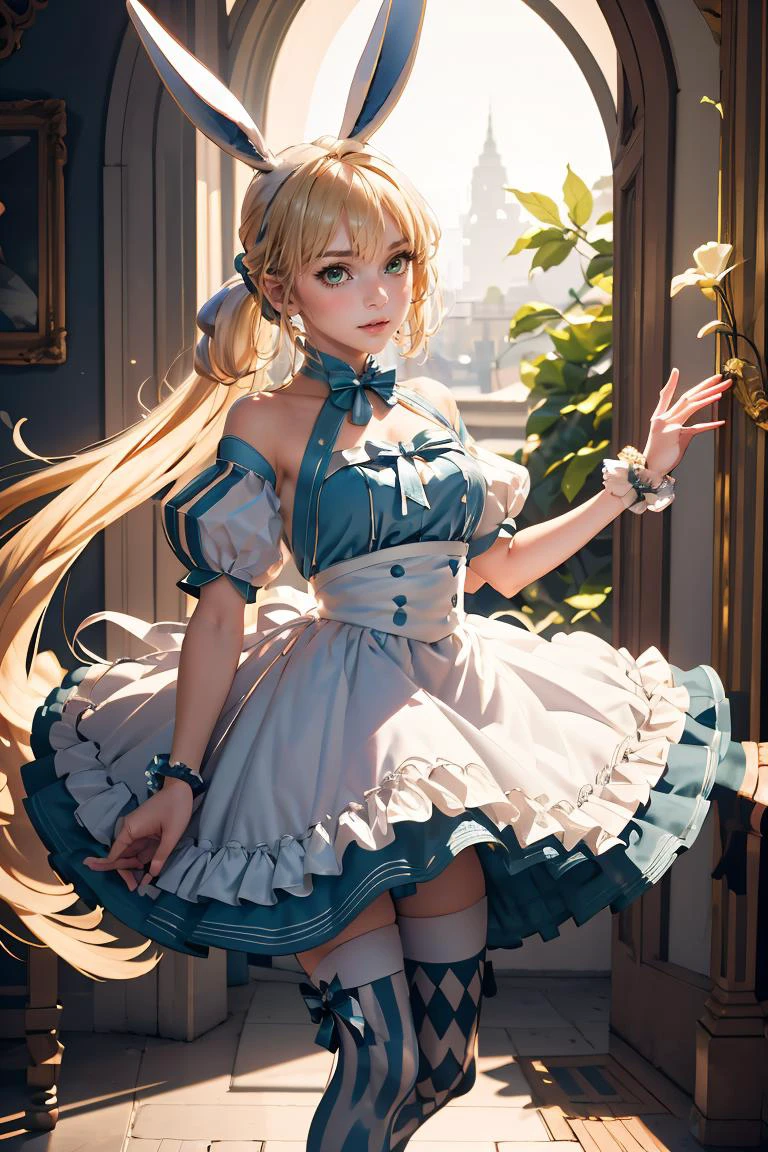 (masterpiece, best quality), 1girl, <lora:ArtoriaCasterSwimsuitSecondAscension:0.8> dress, frills, twintails, ahoge, rabbit ears, striped, thighhighs, mismatched legwear, short sleeves, detached sleeves, puffy sleeves, apron, bow, wrist cuffs, white footwear