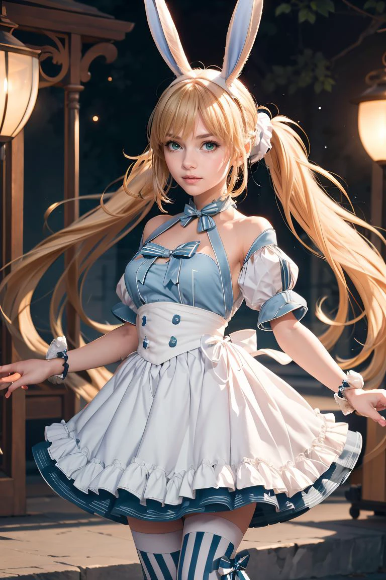 (masterpiece, best quality), 1girl, <lora:ArtoriaCasterSwimsuitSecondAscension:0.8> dress, frills, twintails, ahoge, rabbit ears, striped, thighhighs, mismatched legwear, short sleeves, detached sleeves, puffy sleeves, apron, bow, wrist cuffs, white footwear