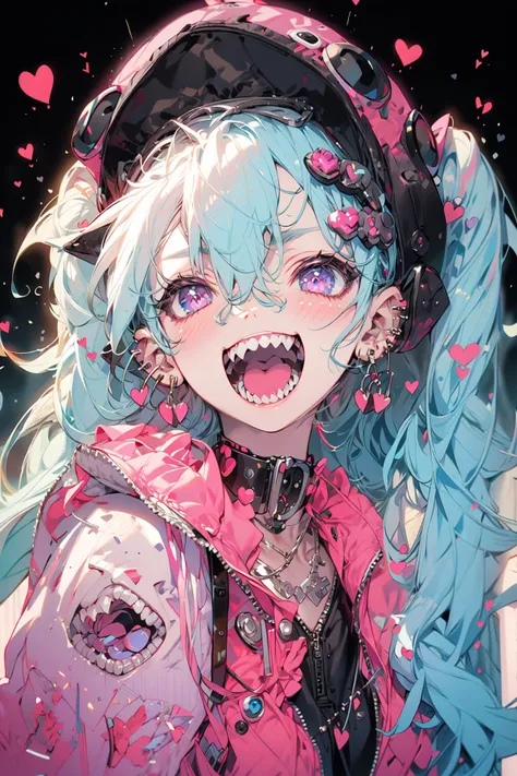 (masterpiece:1.2), best quality,PIXIV,Rebellious girl,portrait, 
1girl, hair ornament, heart, teeth, sharp teeth, long hair, jewelry, multicolored hair, jacket, looking at viewer, smile, hat, twintails, open mouth, choker, earrings, solo, hairclip, hair between eyes, black jacket, upper body, shirt, open jacket, blush, puppet, pink hair, necklace, open clothes, bangs, chain, ear piercing, zipper, blue hair, piercing, black choker, pink eyes, hand puppet, :d, black headwear, white shirt, purple eyes, black background, streaked hair, two-tone hair, hood, stuffed toy
 <lora:Rebellious girl_20230813171407:1>