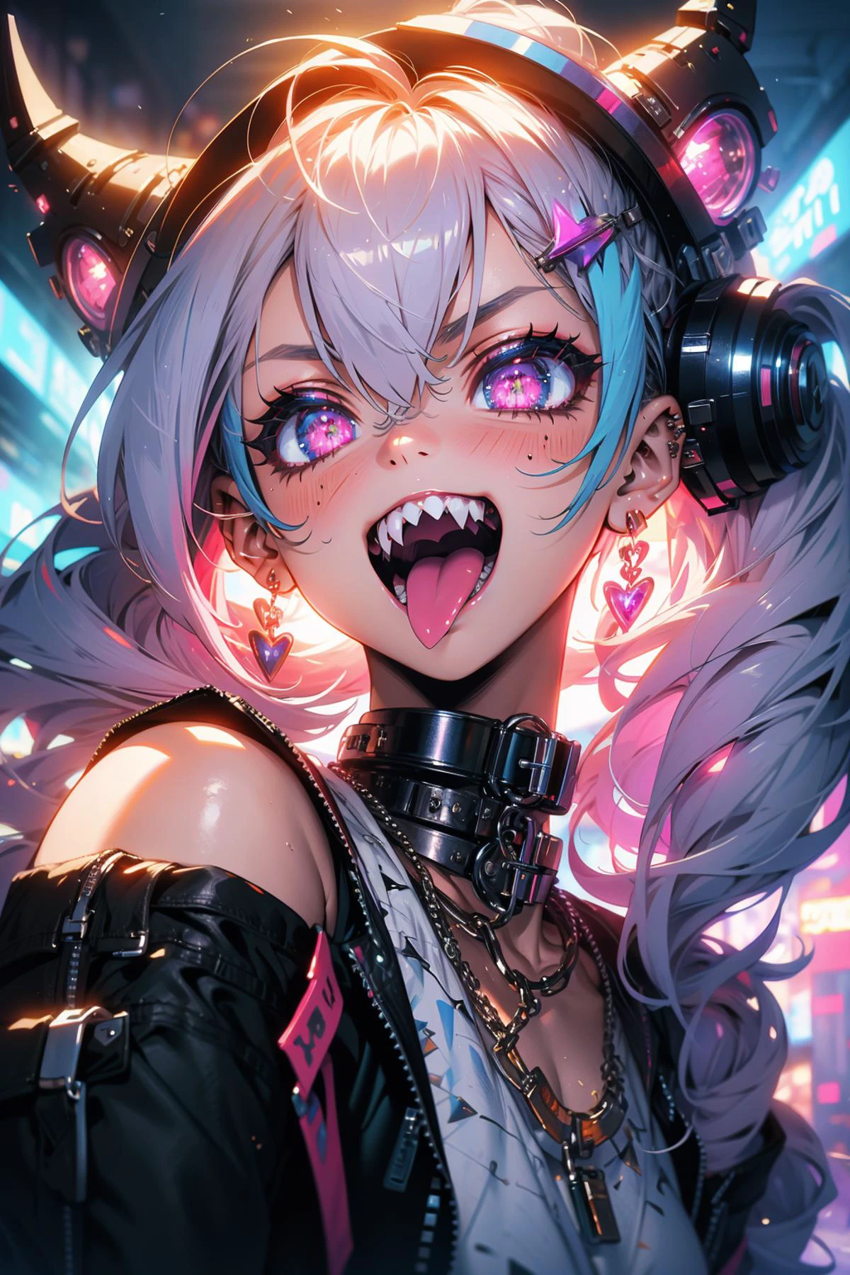 (masterpiece:1.4), (intricate:1.2), (detailed:1.2), (ornate:1.2), (vibrant colors:1.2), BREAK,
(synthwave:1.1), (surreal:1.1), (psychedelic:1.0), (explosion of colors:1.1), (glowing:1.1), (colorful:1.2), (from below:1.0), BREAK,
(upper body:1.0), (dynamic angle:1.0), (rebellious girl:1.1), (punk:1.0), (brat:1.1), (smug:1.2), (tongue out:1.1), (sharp tongue:1.0), (sharp teeth:1.0), (long messy hair:1.0), (choker:1.0), (looking at viewer:1.0), (sociopath:1.0), (crazy:1.0), (insane:1.0), (cute:1.0), (adorable:1.0), <lora:Rebellious_girl_20230813171407:0.8>