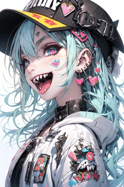 (masterpiece:1.2), best quality,PIXIV,Rebellious girl,portrait,
1girl, hat, open mouth, sharp teeth, white hair, solo, teeth, long hair, white background, jewelry, badge, button badge, hood, pink eyes, earrings, simple background, jacket, eyelashes, from side, hood down, star (symbol), profile, upper body, clothes writing, zipper, collar, cable, chain, tongue, heart, hat ornament, piercing, barcode, portrait, sticker, hoodie, smile, spikes, baseball cap
<lora:Rebellious girl_20230813171407:1>