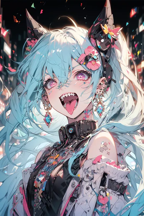 ((appearance々Colorful rainbow hair with mixed colors)),((Curled Hair)),(Bewitching smile),((Eyes with a mixture of colorful colors)),(balloon sleeve long sleeve clothing),(plaid long sleeve tops),((colorful long vest),((Shining corset with sequins)),((pov from down)),Slight red tide,((I put my hand on my face and scratch it)),((looking at me、she dressed boldly.)),((Covered with rainbow colorful roses))(Vampires),((long fangs)),blood stains on the mouth,(((close up of face))),((Collars and necklaces decorated with roses)),(Rainbow-colored oversized moonlit night),((Late night outdoor)),(The whole thing is enveloped in a faint light),((breast closeup)),