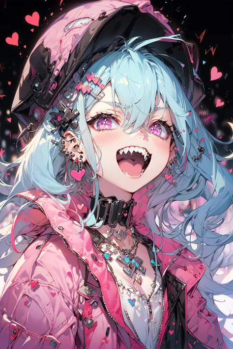 (masterpiece:1.2), best quality,PIXIV,Rebellious girl,portrait, 
1girl, hair ornament, heart, teeth, sharp teeth, long hair, jewelry, multicolored hair, jacket, looking at viewer, smile, hat, twintails, open mouth, choker, earrings, solo, hairclip, hair between eyes, black jacket, upper body, shirt, open jacket, blush, puppet, pink hair, necklace, open clothes, bangs, chain, ear piercing, zipper, blue hair, piercing, black choker, pink eyes, hand puppet, :d, black headwear, white shirt, purple eyes, black background, streaked hair, two-tone hair, hood, stuffed toy
 <lora:Rebellious girl_20230813171407:1>