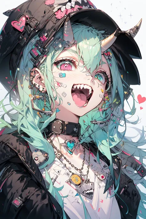 (masterpiece:1.2), best quality,PIXIV,Rebellious girl,portrait,
1girl, solo, tongue, hat, teeth, jewelry, sharp teeth, green hair, multicolored hair, looking at viewer, green eyes, open mouth, jacket, tongue out, piercing, necklace, heterochromia, ear piercing, upper body, bandaid, horns, baseball cap, hair between eyes, choker, bandaid on face, black shirt, pink eyes, earrings, bangs, simple background, hair ornament, smile, heart, open clothes, white background, open jacket, collar, badge, shirt, chain, chain necklace, streaked hair, white jacket, hairclip, spikes
<lora:Rebellious girl_20230813171407:1>