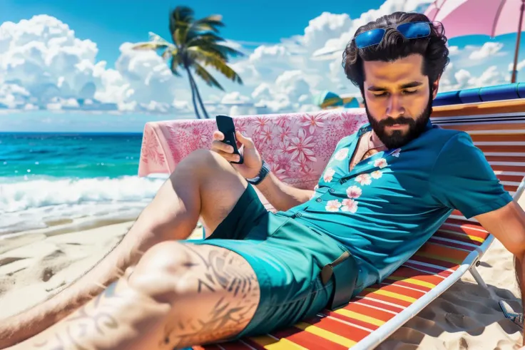 a man, (8k, RAW photo, best quality, masterpiece:1.2), (realistic, photo-realistic:1.37), best quality, ultra high res, lying on a deckchair, at the beach, flower print shirt
<lora:john_seed-09:0.8>
