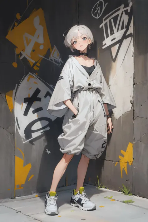 looking at viewer, dynamic angle,(full body:1.1), a girl with her hands down in front of a wall, (graffiti wall),(no people:1.1),
1girl, solo, short straight grey hair, one piece streetwear, collar, collarbone, earrings, hairstyle, sneakers, bracelet, (simple background:1.2) <lora:clothesUpdate:0.5> <lora:squeezerExperimental_:-0.5>
