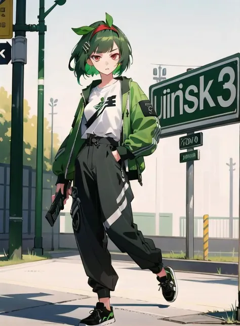 best quality, 4K wallpaper, masterpiece, extremely detailed CG unity 8k wallpaper, extremely detailed eyes, ultra-detailed, intricate details, 1girl, solo,red eyes, Xbox outfit, white shirt, green jacket, green hairband, hair hair ornament, trousers, shoes, looking at viewer, public, road sign, street park, street, <lora:clothingbrend:0.6>