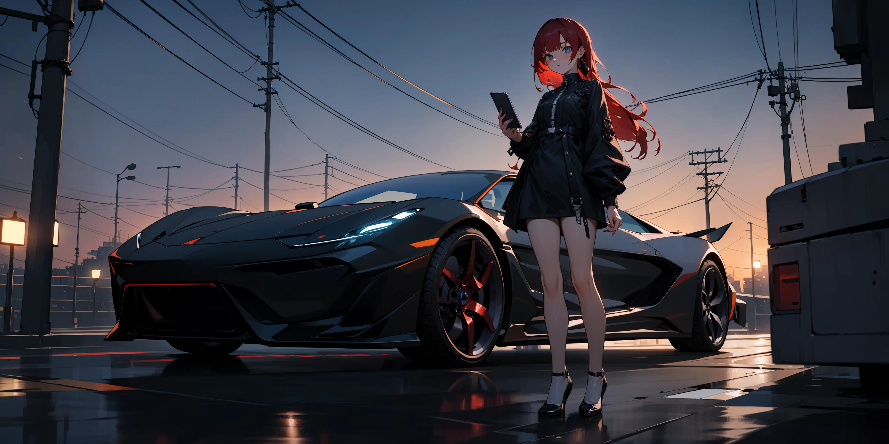 ((masterpiece)), ((ultra-detailed)), pixiv, best shadows, best lighting, best quality, absurdres, highres, cinematic shot, rim lighting, extremely detailed, ((1girl)), red hair, black dress, full body, standing, SSCARTRY5 <lora:dreamlookai_sd-v1_lora_db_f31a4752_ckp_7a58bb8a_step_5000_SSCARTRY5:1>, ((white car)), supercar, outside, city, telephone poles, wires, ((night)), <lora:clothesUpdate:0.8:M> Balenciaga outfit