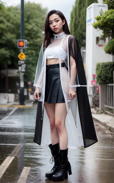 Japanese, cyberpank, perfect nails, (proud face:1.2), Jpop idol, (RAW photo:1.2), (photorealistic:1.4), (masterpiece:1.3), (intricate details:1.2), delicate, beautiful detailed, (detailed eyes), (detailed facial features), tall female, petite, small breasts, narrow waist, skin tight, ((leggins, transparent_coat, transparent_blouse, transparent_jacket, circle_skirt)), (looking_at_viewer), from_front, (best quality:1.4), (ultra highres:1.2), cinema light, outdoors, ((heavy rain, strong wind, storm)), megalopolis, (extreme detailed illustration), (long eyelashes, best quality, ultra highres, depth of field, caustics, Broad lighting, natural shading, 85mm, f/1.4, ISO 200, 1/160s:0.75) <lora:koreanface15:1.2><lora:nijiMecha:0.5><lora:clothesUpdate:1.0>