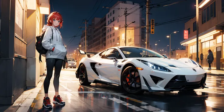 ((masterpiece)), ((ultra-detailed)), pixiv, best shadows, best lighting, best quality, absurdres, highres, cinematic shot, rim lighting, extremely detailed, ((1girl)), red hair, white baggy hoodie, black leggings, sneakers, full body, standing, SSCARTRY5 <lora:dreamlookai_sd-v1_lora_db_f31a4752_ckp_7a58bb8a_step_5000_SSCARTRY5:1>, ((white car)), supercar, outside, city, telephone poles, wires, ((night)), <lora:clothesUpdate:0.8:M> Nike outfit