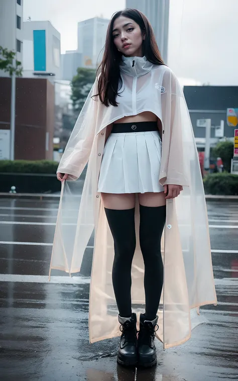 Japanese, cyberpank, perfect nails, wet hair, very long hair, (proud face:1.2), Jpop idol, (RAW photo:1.2), (photorealistic:1.4), (masterpiece:1.3), (intricate details:1.2), open neck, delicate, (head_scale:0.8), yellow-blue, beautiful detailed, (detailed eyes), (detailed facial features), tall female, petite, small breasts, narrow waist, skin tight, (((leggins, transparent coat, transparent clothes, circle skirt))), (looking_at_viewer), from_front, (best quality:1.4), (ultra highres:1.2), cinema light, outdoors, ((heavy rain, strong wind, storm)), megalopolis, (extreme detailed illustration), (long eyelashes, best quality, ultra highres, depth of field, caustics, Broad lighting, natural shading, 85mm, f/1.4, ISO 200, 1/160s:0.75) <lora:koreanface15:1.2><lora:nijiMecha:0.5><lora:clothesUpdate:1.0>