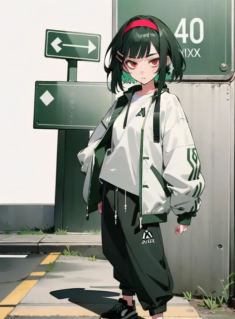 best quality, 4K wallpaper, masterpiece, extremely detailed CG unity 8k wallpaper, extremely detailed eyes, ultra-detailed, intricate details, 1girl, solo,red eyes, Xbox outfit, white shirt, green jacket, hairband, hair hair ornament, trousers, shoes, looking at viewer, public, road sign, street park, street, <lora:clothingbrend:0.6>