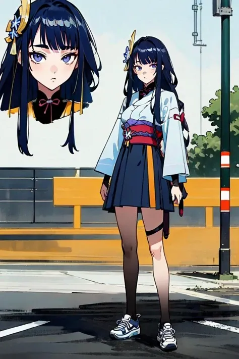 best quality, 4K wallpaper, masterpiece, extremely detailed CG unity 8k wallpaper, extremely detailed eyes, ultra-detailed, intricate details, <lora:raidenshogun1:0.6> raidenshogunrnd, long hair, Fila outfit, shirt, hair ornament, skirt, shoes, looking at viewer, public, road sign, street park, <lora:clothingbrend:0.6>