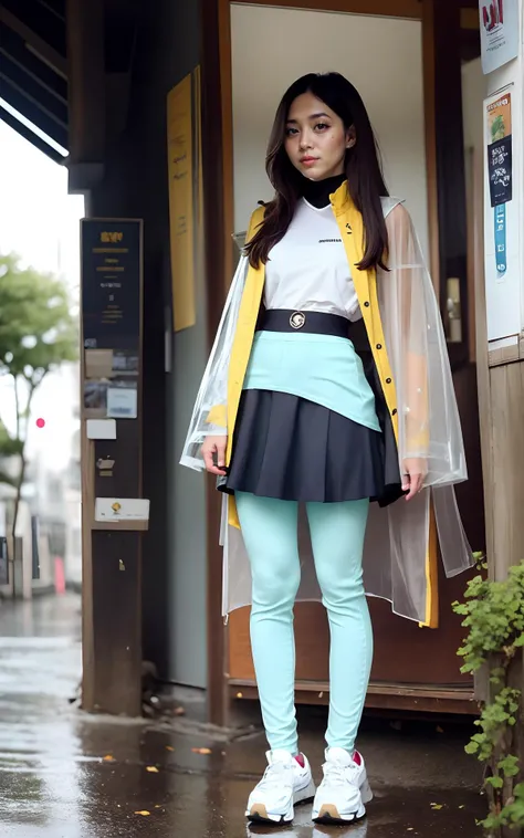 Japanese, cyberpank, perfect nails, wet hair, very long hair, (proud face:1.2), Jpop idol, (RAW photo:1.2), (photorealistic:1.4), (masterpiece:1.3), (intricate details:1.2), open neck, delicate, (head_scale:0.8), yellow and blue, beautiful detailed, (detailed eyes), (detailed facial features), tall female, petite, small breasts, narrow waist, skin tight, (((leggins, transparent coat, transparent clothes, circle skirt))), (looking_at_viewer), from_front, (best quality:1.4), (ultra highres:1.2), cinema light, outdoors, ((heavy rain, strong wind, storm)), megalopolis, (extreme detailed illustration), (long eyelashes, best quality, ultra highres, depth of field, caustics, Broad lighting, natural shading, 85mm, f/1.4, ISO 200, 1/160s:0.75) <lora:koreanface15:1.2><lora:nijiMecha:0.5><lora:clothesUpdate:1.0>