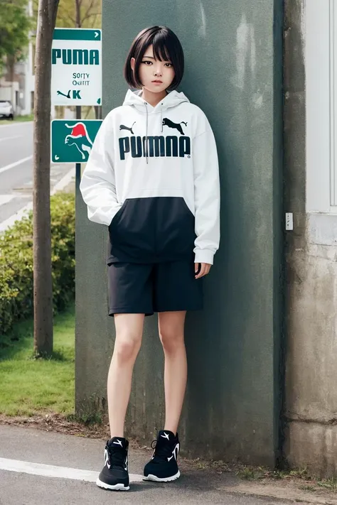 best quality, 4K wallpaper, masterpiece, extremely detailed CG unity 8k wallpaper, extremely detailed eyes, ultra-detailed, intricate details, 1girl, solo, Puma outfit, shoes, looking at viewer, full body, road sign, street park, street, <lora:clothesUpdate:0.8>
