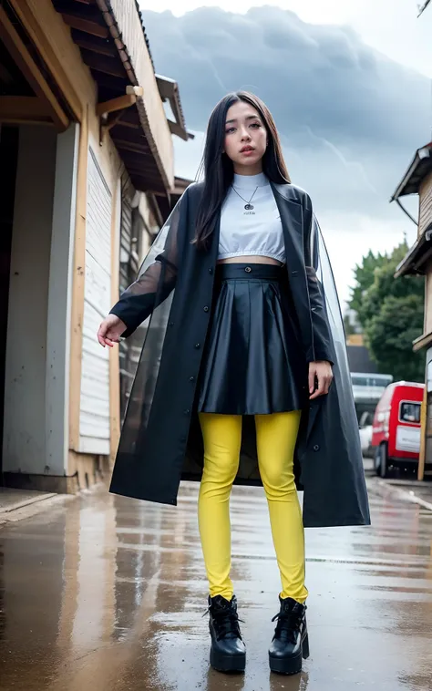 Japanese, cyberpank, perfect nails, wet hair, very long hair, (proud face:1.2), Jpop idol, (RAW photo:1.2), (photorealistic:1.4), (masterpiece:1.3), (intricate details:1.2), open neck, delicate, (head_scale:0.8), yellow and blue, beautiful detailed, (detailed eyes), (detailed facial features), tall female, petite, small breasts, narrow waist, skin tight, (((leggins, transparent coat, transparent clothes, circle skirt))), (looking_at_viewer), from_front, (best quality:1.4), (ultra highres:1.2), cinema light, outdoors, ((heavy rain, strong wind, storm)), megalopolis, (extreme detailed illustration), (long eyelashes, best quality, ultra highres, depth of field, caustics, Broad lighting, natural shading, 85mm, f/1.4, ISO 200, 1/160s:0.75) <lora:koreanface15:1.2><lora:nijiMecha:0.5><lora:clothesUpdate:1.0>