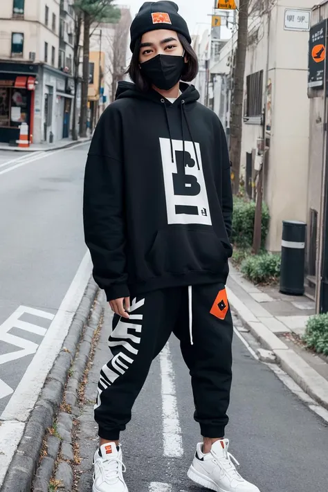 best quality, 4K wallpaper, masterpiece, extremely detailed CG unity 8k wallpaper, extremely detailed eyes, ultra-detailed, intricate details, 1girl, solo, Streetwear outfit, black hoodie, black beanie, Bape mouth mask, shoes, jewelry, looking at viewer, full body, road sign, street park, street, <lora:clothesUpdate:0.8>