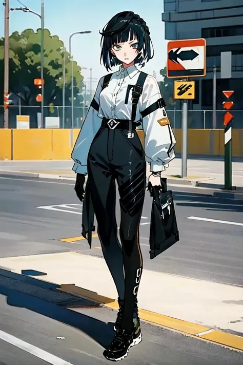 best quality, 4K wallpaper, masterpiece, extremely detailed CG unity 8k wallpaper, extremely detailed eyes, ultra-detailed, intricate details, <lora:yelan1:0.6> yelandef,Balenciaga outfit, shirt, hair ornament, trousers, legwear, shoes, looking at viewer, public, road sign, street park, <lora:clothingbrend:0.6>