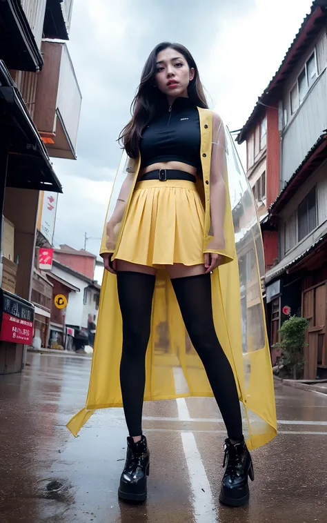 Japanese, cyberpank, perfect nails, wet hair, very long hair, (proud face:1.2), Jpop idol, (RAW photo:1.2), (photorealistic:1.4), (masterpiece:1.3), (intricate details:1.2), open neck, delicate, (head_scale:0.8), ((yellow, blue)), beautiful detailed, (detailed eyes), (detailed facial features), tall female, petite, small breasts, narrow waist, skin tight, (((leggins, transparent coat, transparent clothes, circle skirt))), (looking_at_viewer), from_front, (best quality:1.4), (ultra highres:1.2), cinema light, outdoors, ((heavy rain, strong wind, storm)), megalopolis, (extreme detailed illustration), (long eyelashes, best quality, ultra highres, depth of field, caustics, Broad lighting, natural shading, 85mm, f/1.4, ISO 200, 1/160s:0.75) <lora:koreanface15:1.2><lora:nijiMecha:0.5><lora:clothesUpdate:1.0>