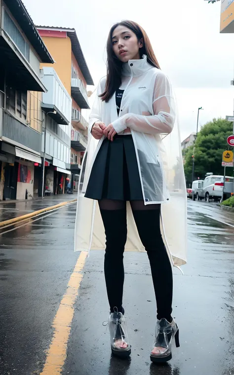 Japanese, cyberpank, perfect nails, wet hair, very long hair, (proud face:1.2), Jpop idol, (RAW photo:1.2), (photorealistic:1.4), (masterpiece:1.3), (intricate details:1.2), open neck, delicate, (head_scale:0.8), yellow and blue, beautiful detailed, (detailed eyes), (detailed facial features), tall female, petite, small breasts, narrow waist, skin tight, (((leggins, transparent coat, transparent clothes, circle skirt))), (looking_at_viewer), from_front, (best quality:1.4), (ultra highres:1.2), cinema light, outdoors, ((heavy rain, strong wind, storm)), megalopolis, (extreme detailed illustration), (long eyelashes, best quality, ultra highres, depth of field, caustics, Broad lighting, natural shading, 85mm, f/1.4, ISO 200, 1/160s:0.75) <lora:koreanface15:1.2><lora:nijiMecha:0.5><lora:clothesUpdate:1.0>