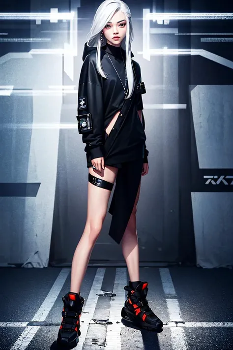 best quality, 4K wallpaper, masterpiece, extremely detailed CG unity 8k wallpaper, extremely detailed eyes, ultra-detailed, intricate details, 1girl, solo, red eyes, silver hair, long hair, Streetwear outfit, shoes, jewelry, ear piercing, looking at viewer, full body, road sign, street park, street, Cyberpunk city, <lora:clothesUpdate:0.8> <lora:duobackground:0.6>
