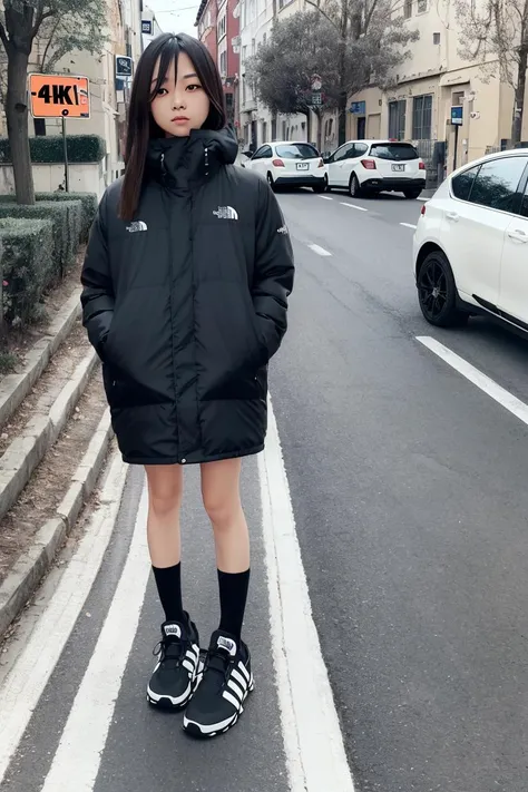 best quality, 4K wallpaper, masterpiece, extremely detailed CG unity 8k wallpaper, extremely detailed eyes, ultra-detailed, intricate details, 1girl, solo, TNF outfit, shoes, looking at viewer, full body, road sign, street park, street, <lora:clothesUpdate:0.8>