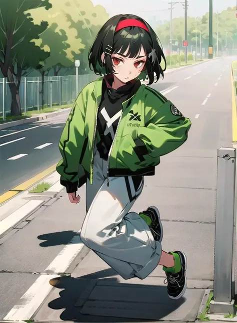best quality, 4K wallpaper, masterpiece, extremely detailed CG unity 8k wallpaper, extremely detailed eyes, ultra-detailed, intricate details, 1girl, solo,red eyes, Xbox outfit, white shirt, green jacket, hairband, hair hair ornament, trousers, shoes, looking at viewer, public, road sign, street park, street, <lora:clothingbrend:0.6>