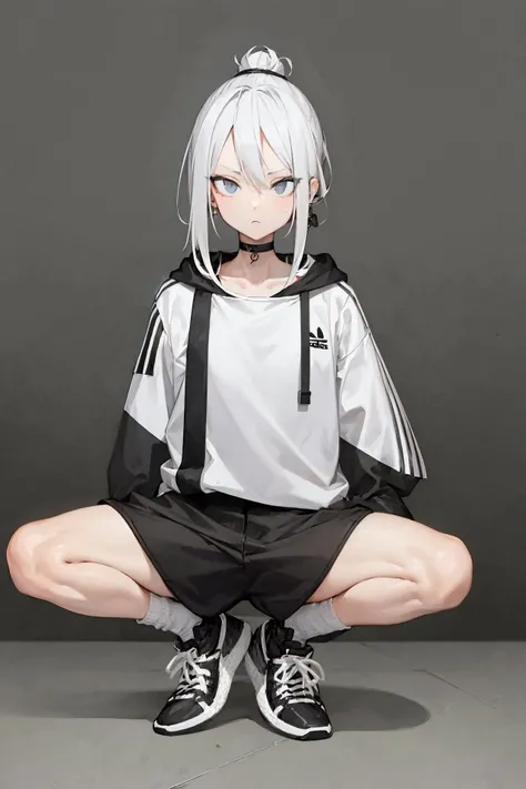 Adidas outfit, looking at viewer, dynamic angle,upperbody, (closeup:1.1), dutch angle, a girl posing in front of a wall, (graffiti wall),(no people:1.1),
hoodie, long samurai trousers, loose socks,
1girl, tall, solo, short straight grey hair, collar, collarbone, earrings, hairstyle, loafer, (simple background:1.2) <lora:clothesUpdate:0.7>