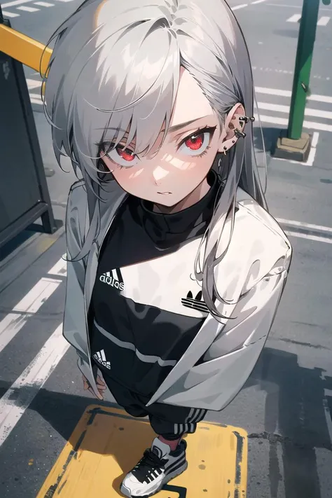 best quality, 4K wallpaper, masterpiece, extremely detailed CG unity 8k wallpaper, extremely detailed eyes, ultra-detailed, intricate details, 1girl, solo, red eyes, silver hair, long hair, Adidas outfit, shoes, jewelry, ear piercing, looking at viewer, road sign, street park, street, <lora:clothesUpdate:0.6>