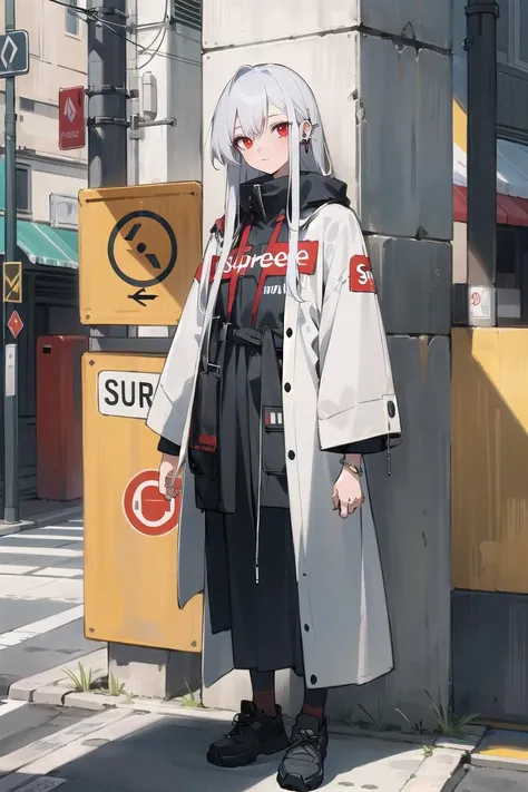 best quality, 4K wallpaper, masterpiece, extremely detailed CG unity 8k wallpaper, extremely detailed eyes, ultra-detailed, intricate details, 1girl, solo, red eyes, silver hair, long hair, Supreme outfit,  shoes, jewelry, ear piercing, looking at viewer, road sign, street park, street, <lora:clothesUpdate:0.6>