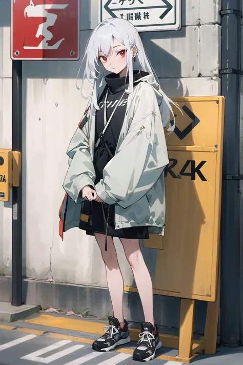 best quality, 4K wallpaper, masterpiece, extremely detailed CG unity 8k wallpaper, extremely detailed eyes, ultra-detailed, intricate details, 1girl, solo, red eyes, silver hair, long hair, Streetwear outfit, shoes, jewelry, ear piercing, looking at viewer, road sign, street park, street, urban, <lora:clothesUpdate:0.6>