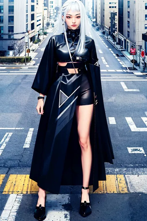 best quality, 4K wallpaper, masterpiece, extremely detailed CG unity 8k wallpaper, extremely detailed eyes, ultra-detailed, intricate details, 1girl, solo, red eyes, silver hair, long hair, Barihama outfit, shoes, jewelry, ear piercing, looking at viewer, full body, road sign, street park, street, Cyberpunk city, <lora:clothesUpdate:1> <lora:duobackground:0.6>