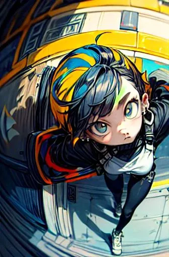 best quality, 4K wallpaper, masterpiece, extremely detailed CG unity 8k wallpaper, extremely detailed eyes, ultra-detailed, intricate details, (foreshortening:1.5, slightly_above:0.5, fisheye:1.5), (primary color:1.7) 1girl, solo, short hair, straight flat hair, wide hips, medium breast, Balenciaga outfit, shoes, jewelry, ear piercing, looking at viewer, road sign, street park, street, <lora:clothesUpdate:0.7>, <lora:more_details:1>