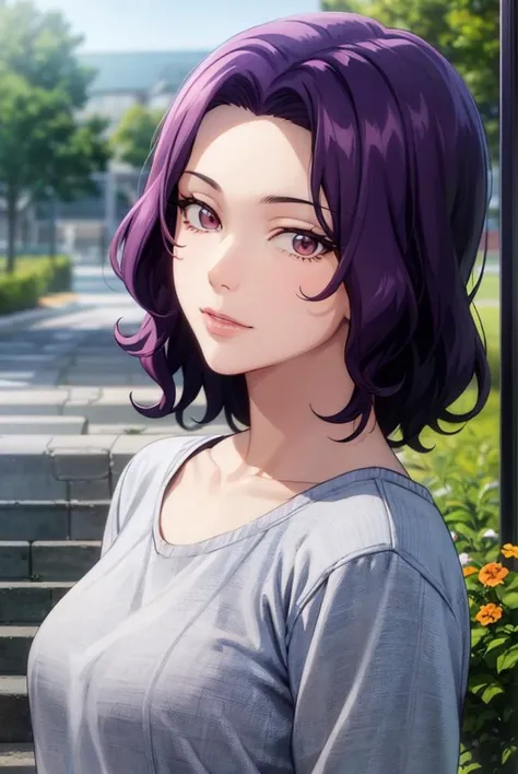 masterpiece, (best quality), 1woman, ,hamaoka_azusa, purple hair , medium hair,sexy woman, casual clothes,best quality , vibrant colors ,natural lighting ,RTX, beautiful, (detailed face:1.2), showcase, (photorealistic:1.1), 8k uhd, looking a viewer, simple backround