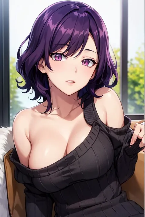 masterpiece, (best quality), 1woman,1girl ,hamaoka_azusa,  purple hair , purple eyes,medium hair,sexy woman, collarbone ,best quality ,sweater,bare shoulders, vibrant colors ,natural lighting  ,RTX,  big breasts, beautiful, (detailed face:1.2), showcase, (perfect eyes:1.1) ,(photorealistic:1.1), 8k uhd,  looking a viewer,  simple backround