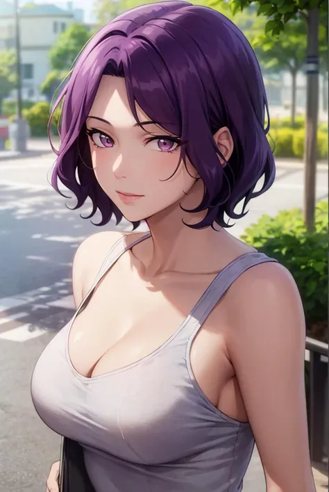 masterpiece, (best quality), 1woman, ,hamaoka_azusa, purple hair , purple eyes,medium hair,sexy woman, casual clothes,best quality , vibrant colors ,natural lighting ,RTX, big breasts, beautiful, (detailed face:1.2), showcase, (beautiful eyes) ,(photorealistic:1.1), 8k uhd, looking a viewer, simple backround