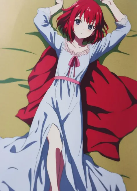 <lora:Amelia_Rose:1>, Amelia_Rose, 1girl, dark, from above, long sleeves, looking at viewer, lying, nightgown, on back, pajamas, red hair, short hair, solo