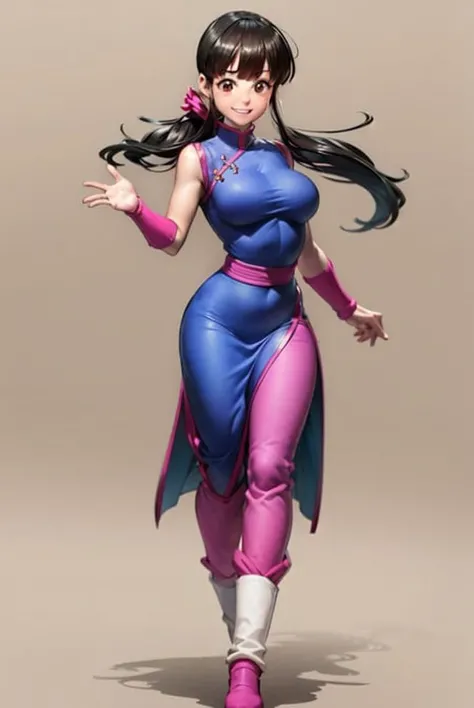 (masterpiece, best quality:1.2), 1girl, solo, chichi, dragonball, smile, long hair, ponytail, black hair, blunt bangs, sidelocks, black eyes, chinese clothes, china dress, large breasts, sleeveless, wristband, pink pants, boots, simple background<lora:CHICHI-11:0.9>