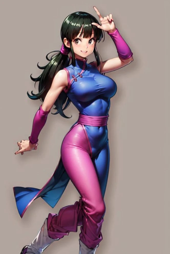 (masterpiece, best quality:1.2), 1girl, solo, chichi, dragonball, smile, long hair, ponytail, black hair, blunt bangs, sidelocks, black eyes, chinese clothes, china dress, large breasts, sleeveless, wristband, pink pants, boots, simple background<lora:CHICHI-11:0.9>